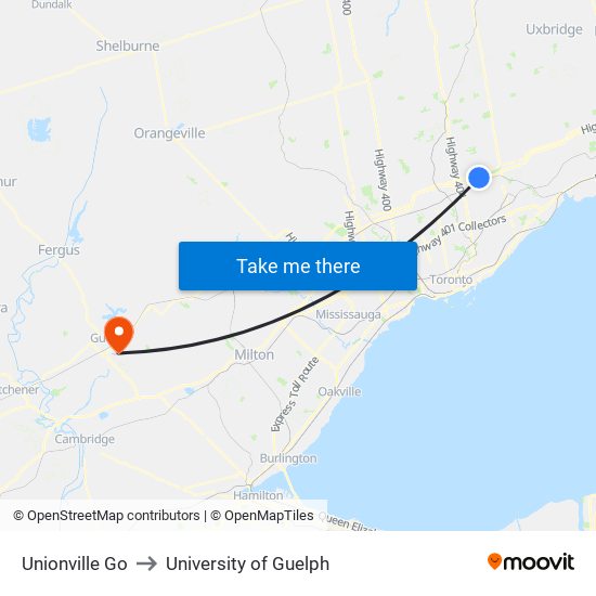 Unionville Go to University of Guelph map