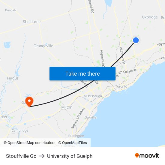 Stouffville Go to University of Guelph map