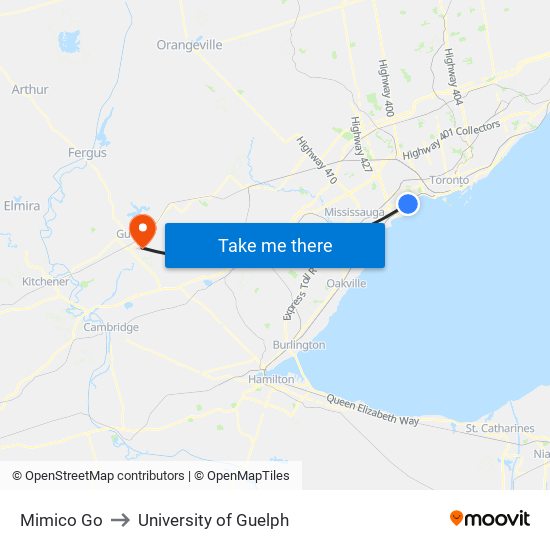 Mimico Go to University of Guelph map