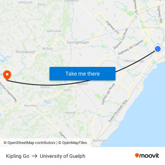 Kipling Go to University of Guelph map