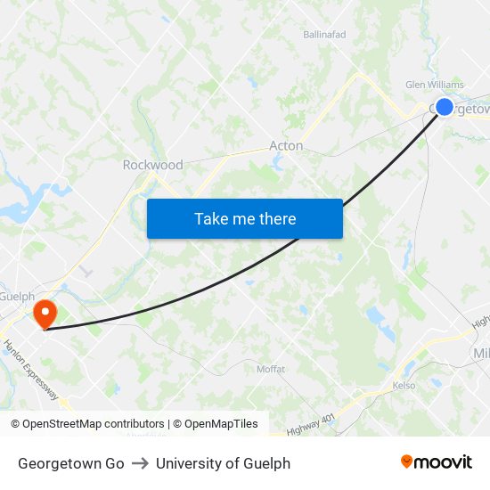 Georgetown Go to University of Guelph map