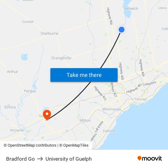 Bradford Go to University of Guelph map