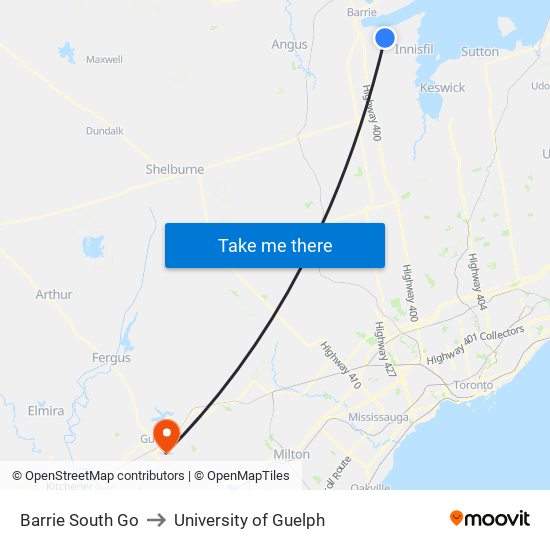 Barrie South Go to University of Guelph map