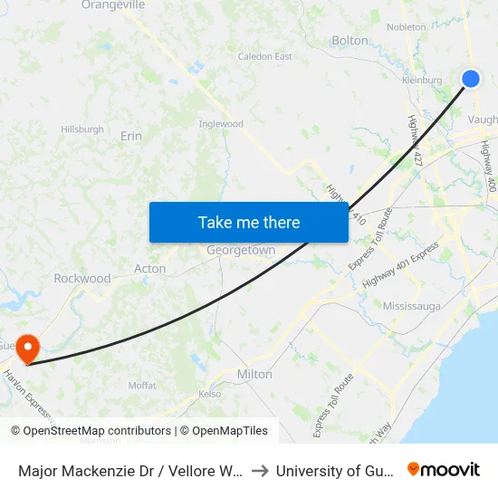 Major Mackenzie Dr / Vellore Woods to University of Guelph map