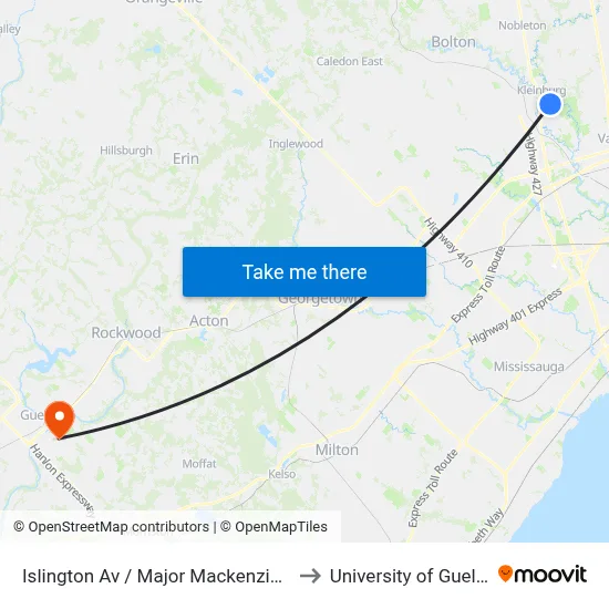 Islington Av / Major Mackenzie Dr to University of Guelph map