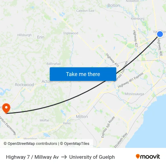 Highway 7 / Millway Av to University of Guelph map