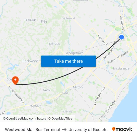 Westwood Mall Bus Terminal to University of Guelph map