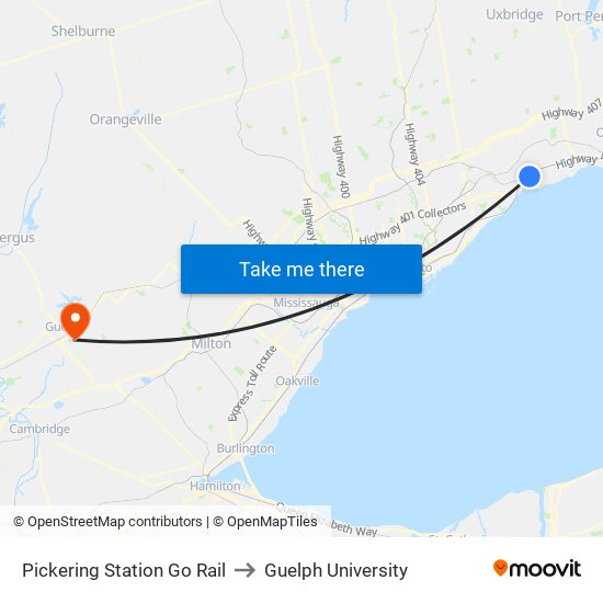 Pickering Station Go Rail to Guelph University map