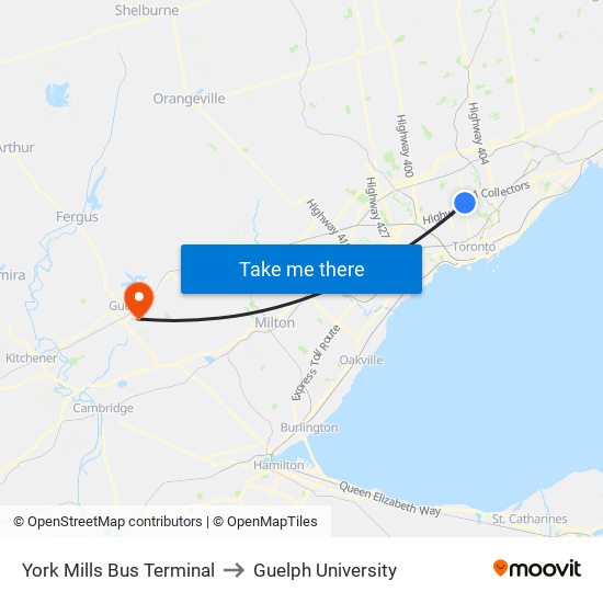 York Mills Bus Terminal to Guelph University map