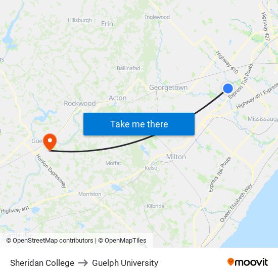Sheridan College to Guelph University map