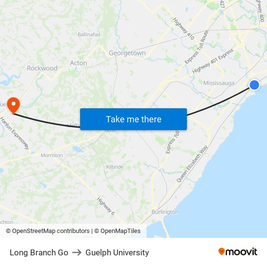 Long Branch Go to Guelph University map