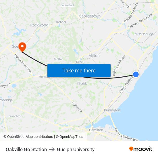 Oakville Go Station to Guelph University map