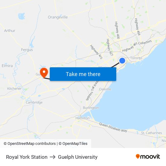 Royal York Station to Guelph University map