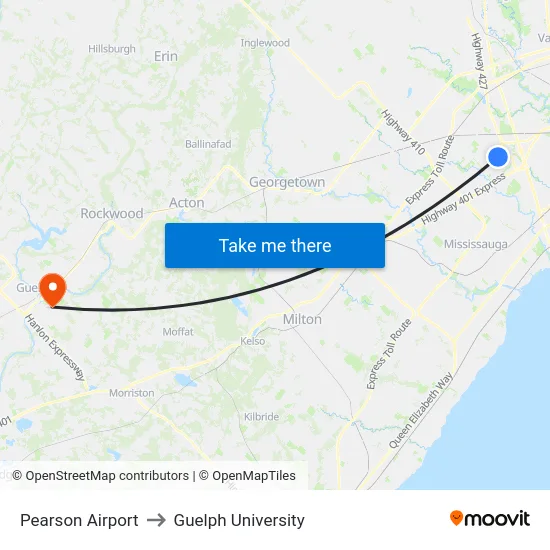 Pearson Airport to Guelph University map