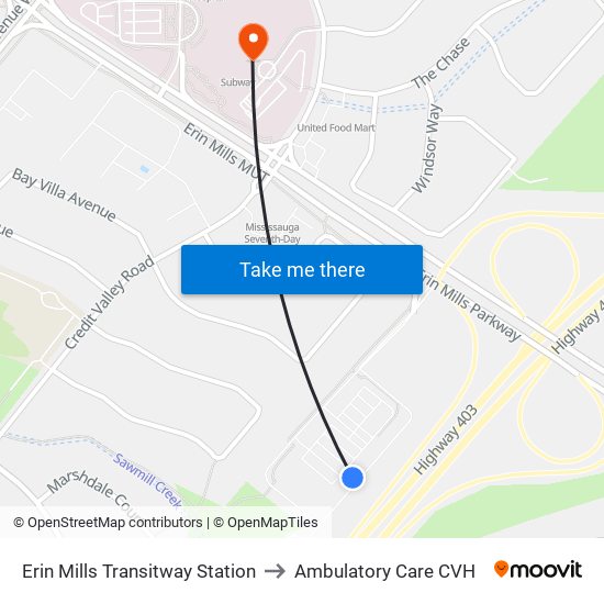 Erin Mills Transitway Station to Ambulatory Care CVH map