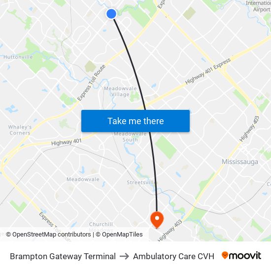 Brampton Gateway Terminal to Ambulatory Care CVH map