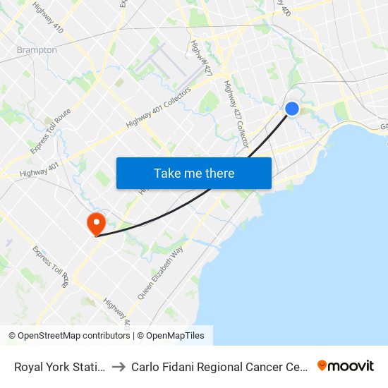 Royal York Station to Carlo Fidani Regional Cancer Centre map