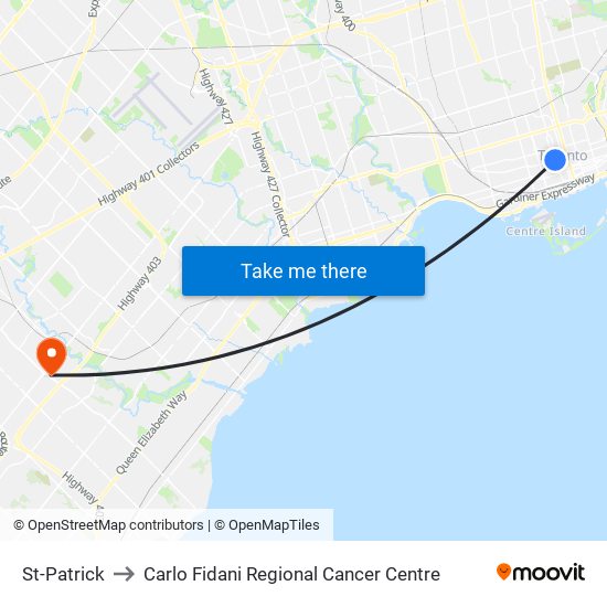 St-Patrick to Carlo Fidani Regional Cancer Centre map