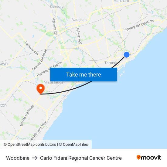 Woodbine to Carlo Fidani Regional Cancer Centre map