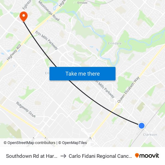 Southdown Rd at Hartland Dr to Carlo Fidani Regional Cancer Centre map