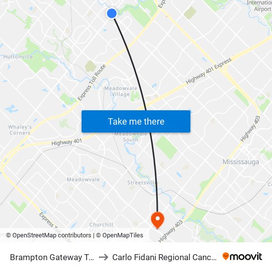 Brampton Gateway Terminal to Carlo Fidani Regional Cancer Centre map