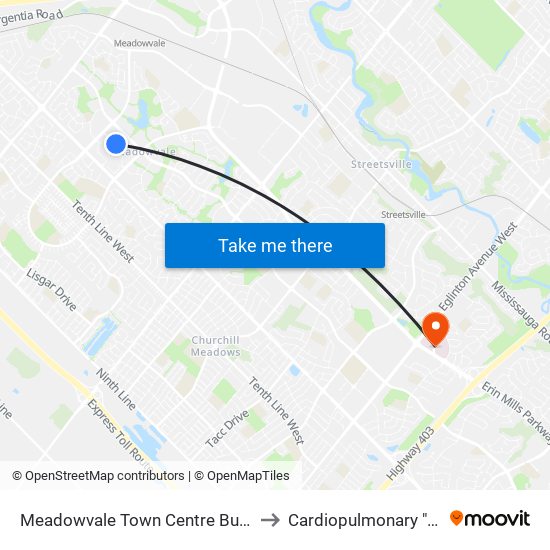 Meadowvale Town Centre Bus Terminal Platform H, I, J to Cardiopulmonary "Diagnostics" CVH map