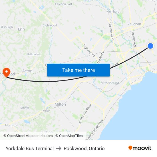 Yorkdale Bus Terminal to Rockwood, Ontario map