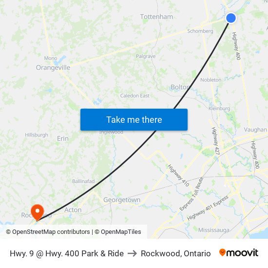 Hwy. 9 @ Hwy. 400 Park & Ride to Rockwood, Ontario map