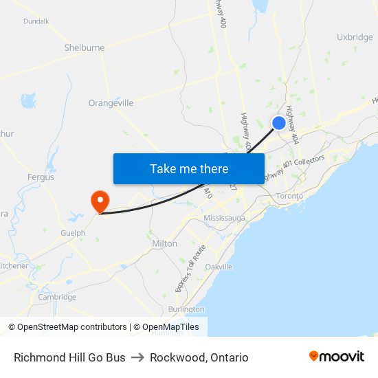 Richmond Hill Go Bus to Rockwood, Ontario map