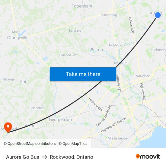 Aurora Go Bus to Rockwood, Ontario map