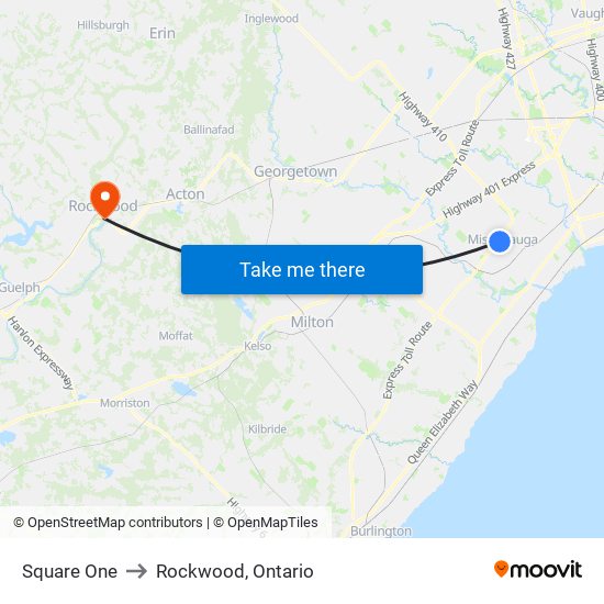 Square One to Rockwood, Ontario map