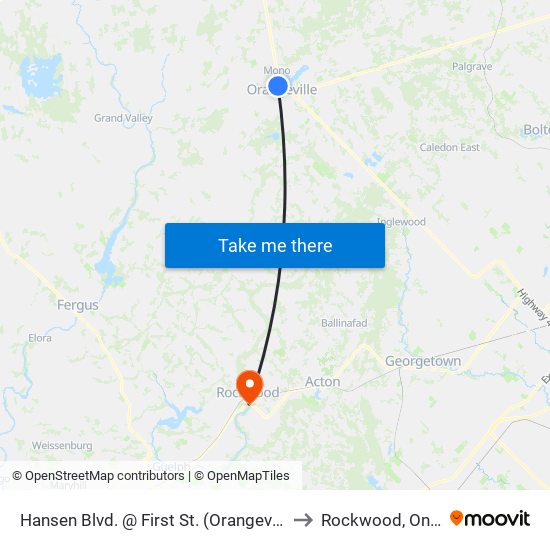 Hansen Blvd. @ First St. (Orangeville Mall) to Rockwood, Ontario map