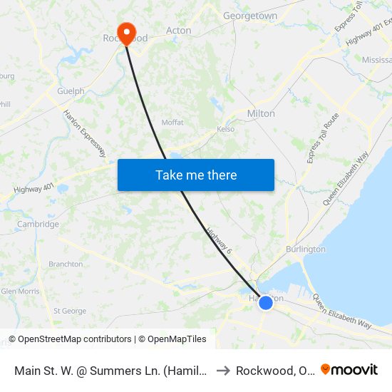 Main St. W. @ Summers Ln. (Hamilton City Hall) to Rockwood, Ontario map