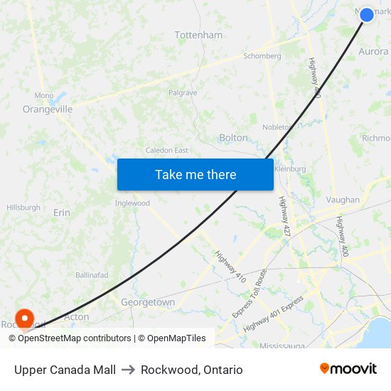 Upper Canada Mall to Rockwood, Ontario map