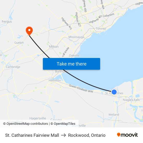 St. Catharines Fairview Mall to Rockwood, Ontario map