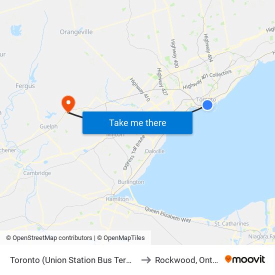 Toronto (Union Station Bus Terminal) to Rockwood, Ontario map