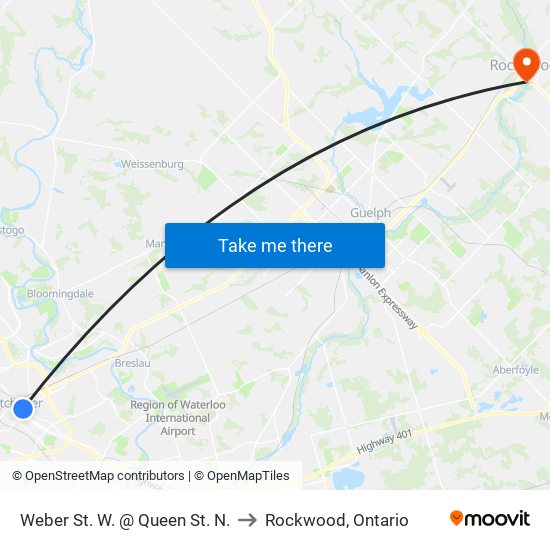 Weber St. W. @ Queen St. N. to Rockwood, Ontario map