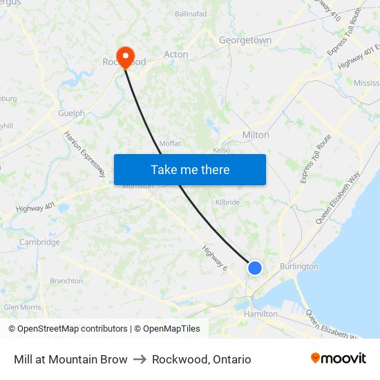 Mill at Mountain Brow to Rockwood, Ontario map