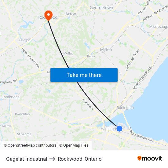 Gage at Industrial to Rockwood, Ontario map