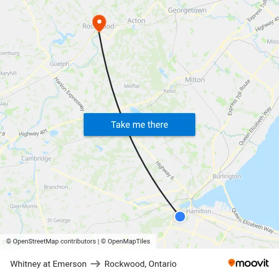 Whitney at Emerson to Rockwood, Ontario map
