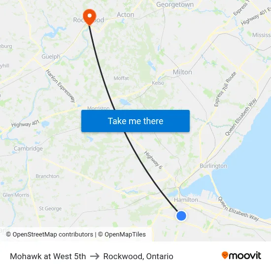 Mohawk at West 5th to Rockwood, Ontario map
