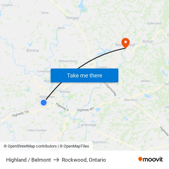 Highland / Belmont to Rockwood, Ontario map