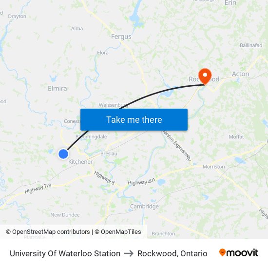 University Of Waterloo Station to Rockwood, Ontario map