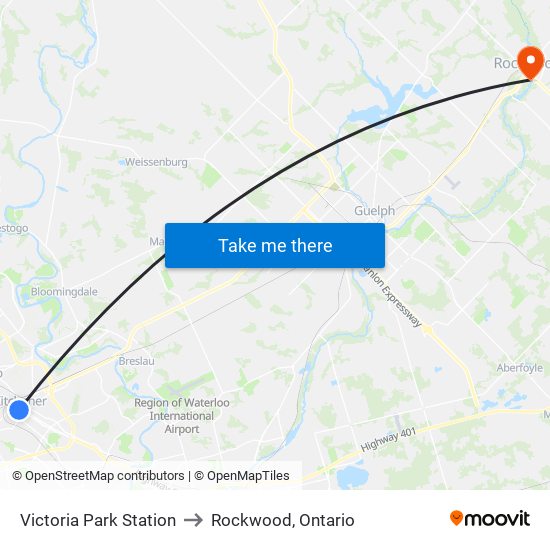 Victoria Park Station to Rockwood, Ontario map