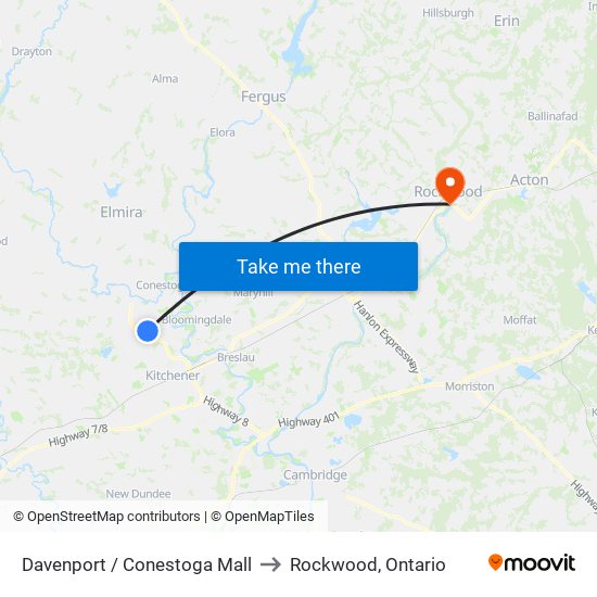 Davenport / Conestoga Mall to Rockwood, Ontario map