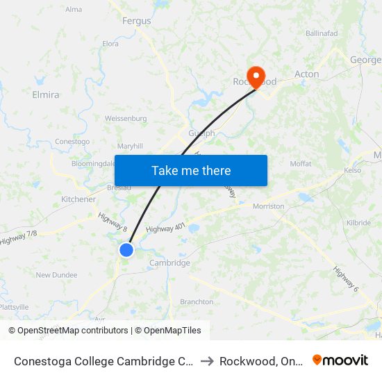 Conestoga College Cambridge Campus to Rockwood, Ontario map