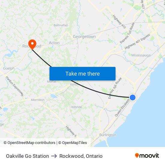 Oakville Go Station to Rockwood, Ontario map