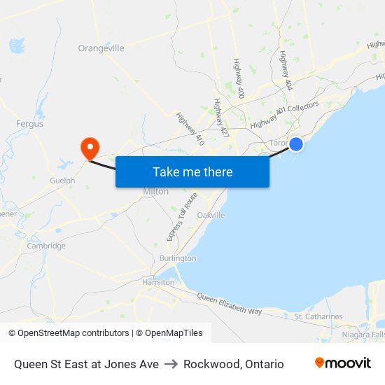 Queen St East at Jones Ave to Rockwood, Ontario map