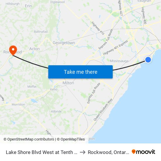 Lake Shore Blvd West at Tenth St to Rockwood, Ontario map