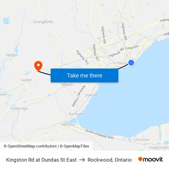 Kingston Rd at Dundas St East to Rockwood, Ontario map